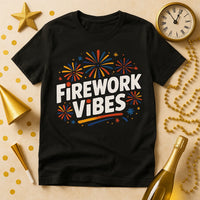 A black T-shirt with colorful fireworks surrounding the text 
