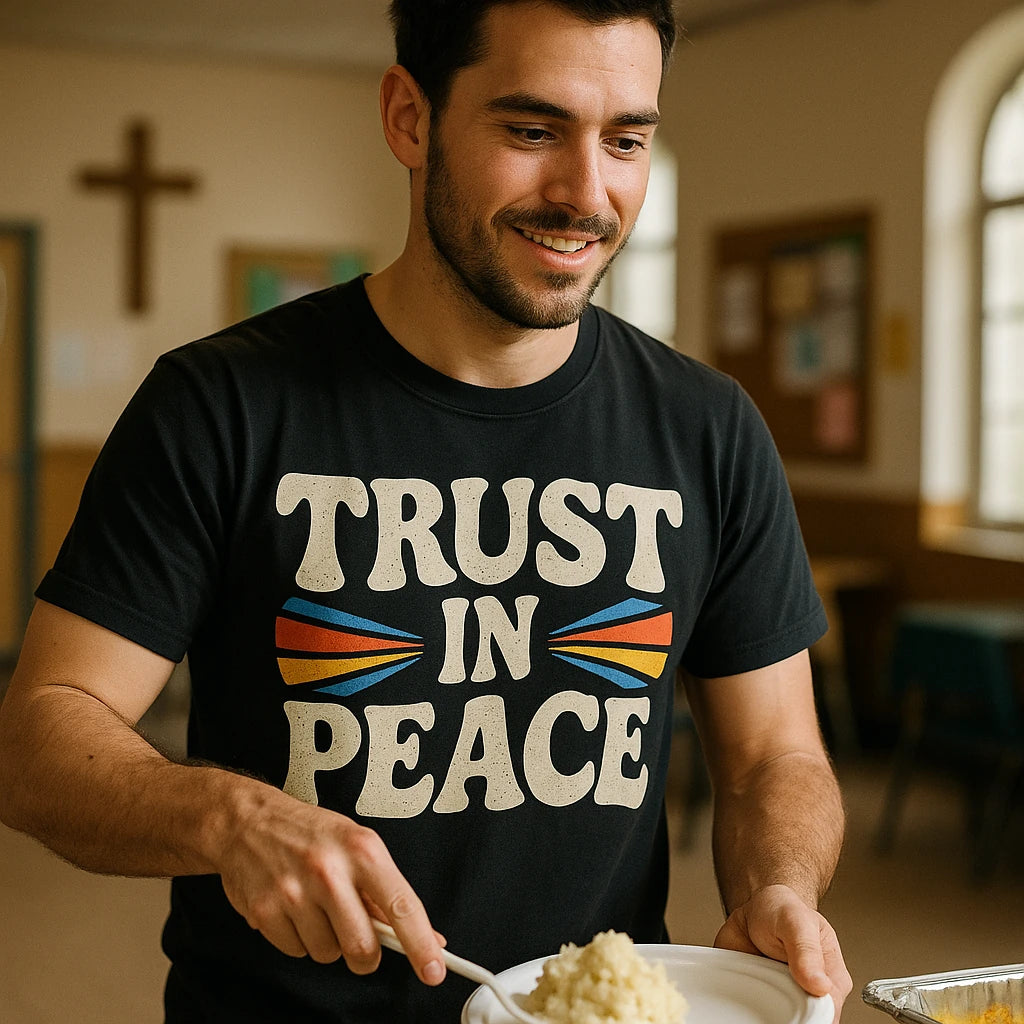 A person wearing a black t-shirt with the words "TRUST IN PEACE" in large, bold letters. The shirt features colorful abstract designs around the text. The person is smiling, holding a white plate and a serving spoon filled with mashed potatoes. The background shows a room with a cross on the wall and a bulletin board.