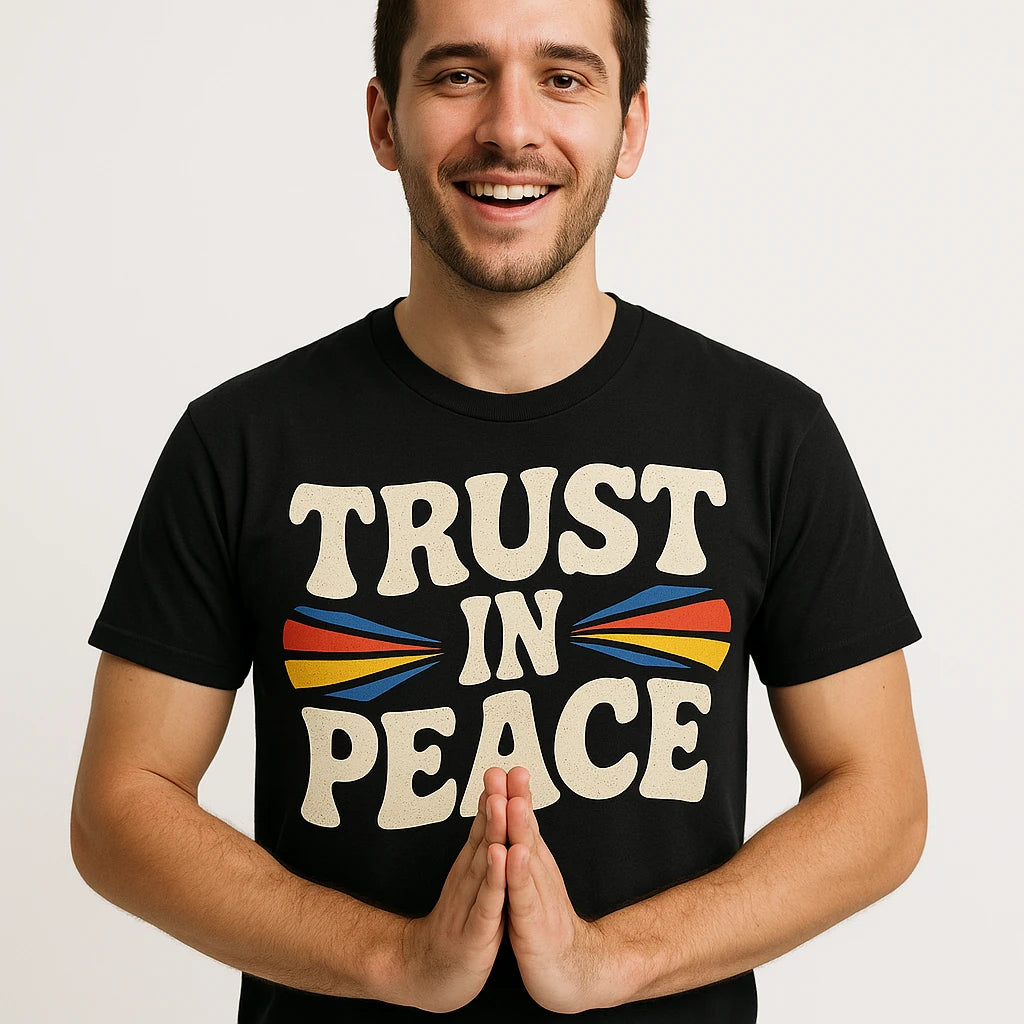 A person is smiling and wearing a black T-shirt with the text "TRUST IN PEACE" on it. The design includes colorful elements surrounding the text. The person has hands together in a gesture often associated with greeting or gratitude.