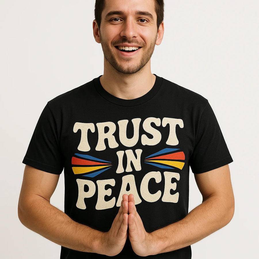 A person is smiling and wearing a black T-shirt with the text "TRUST IN PEACE" on it. The design includes colorful elements surrounding the text. The person has hands together in a gesture often associated with greeting or gratitude.
