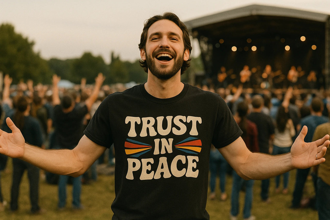 A person with a beard and short hair is smiling broadly and standing outdoors at a music festival. They are wearing a black T-shirt with the text "TRUST IN PEACE" on it, accompanied by colorful graphics. In the background, a crowd and a stage with musicians can be seen.