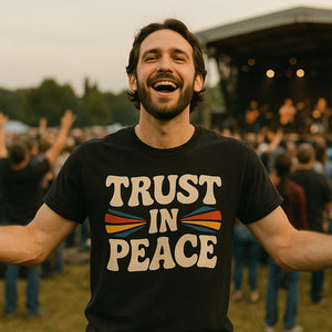 Lifestyle shot of the "Trust in Peace" black love in faith t shirts in a real-world setting