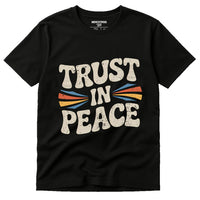 A black t-shirt with bold, retro-style text that reads 