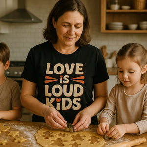 Lifestyle shot of the "Love Is Loud Kids" black family life t shirt in a real-world setting