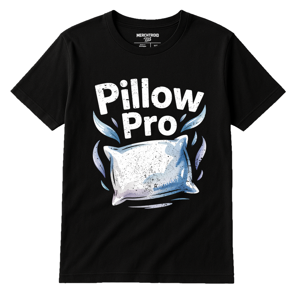 Black Oversized Sleep T Shirt - "Pillow Pro" graphic tee with white print, flat lay product photo