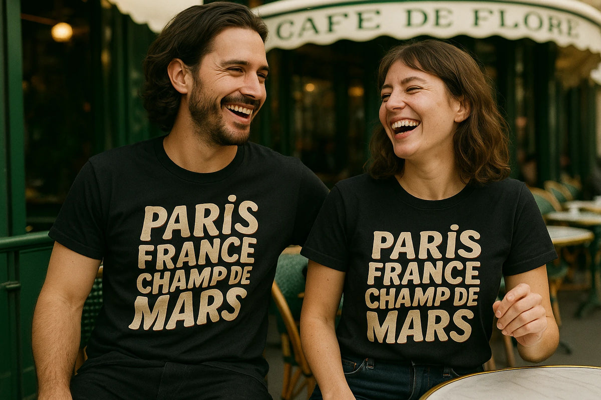 Person wearing the black paris tee shirt graphic tee - "Paris France Champ De Mars" design