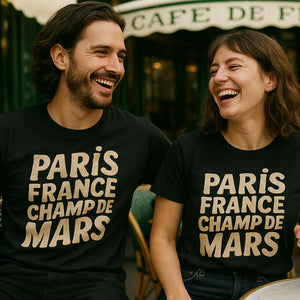 Person wearing the black paris tee shirt graphic tee - "Paris France Champ De Mars" design
