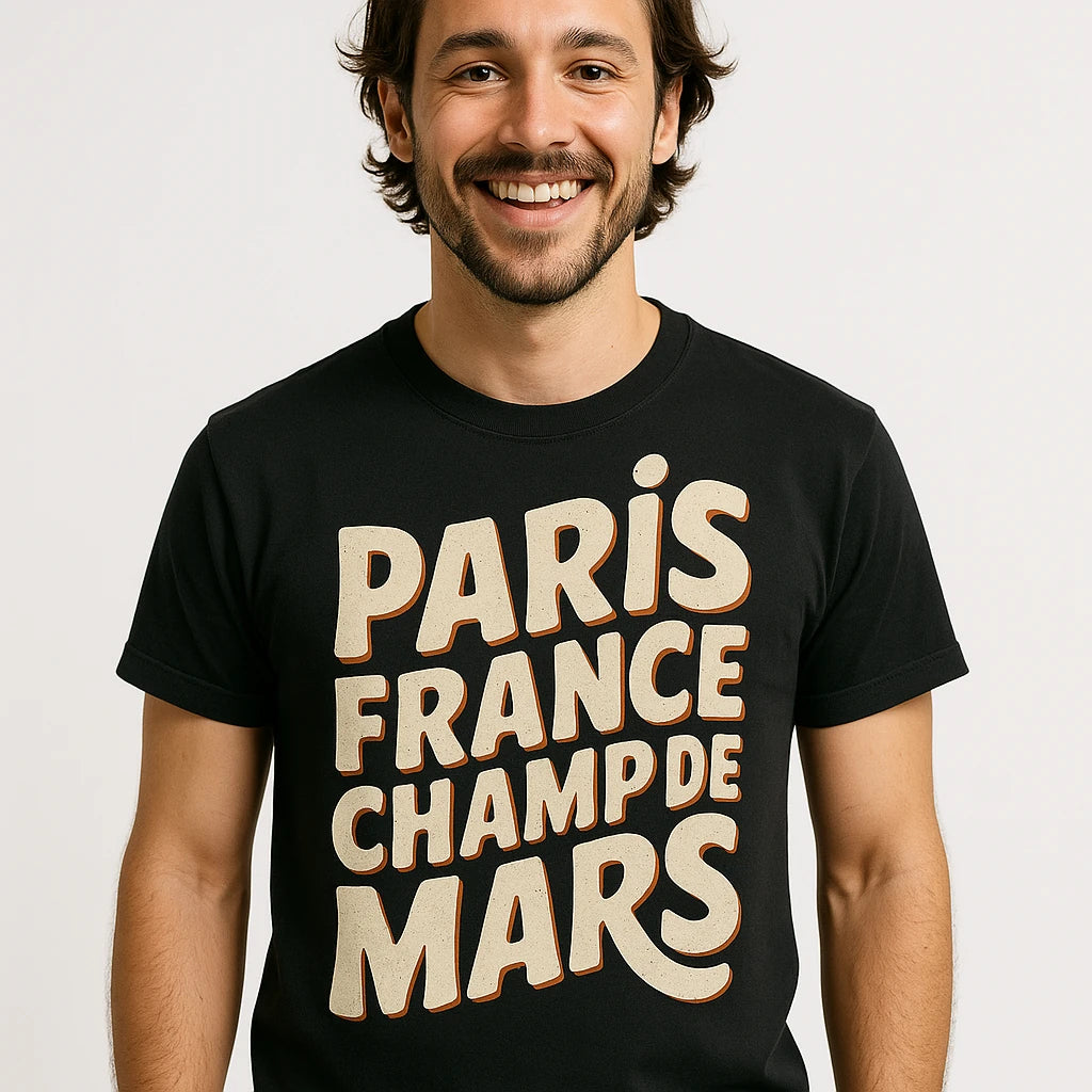 Close-up of the "Paris France Champ De Mars" beige print on a premium Bella+Canvas black paris tee shirt