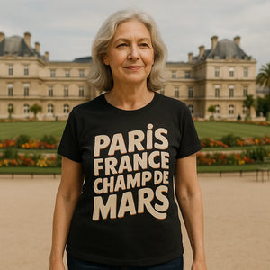Lifestyle shot of the "Paris France Champ De Mars" black paris tee shirt in a real-world setting