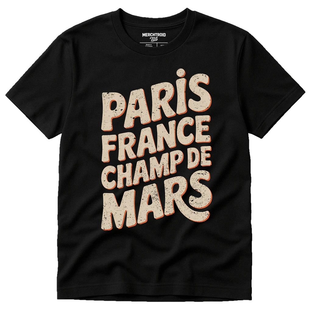 Black Paris Tee Shirt - "Paris France Champ De Mars" graphic tee with beige print, flat lay product photo