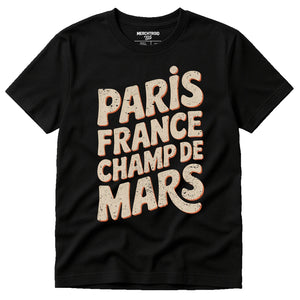 Black Paris Tee Shirt - "Paris France Champ De Mars" graphic tee with beige print, flat lay product photo
