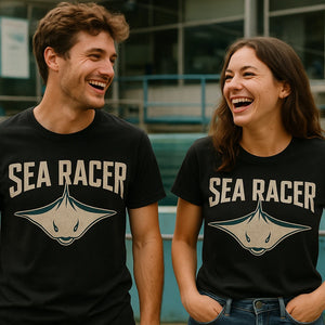 Person wearing the black stingray shirts graphic tee - "Sea Racer" design