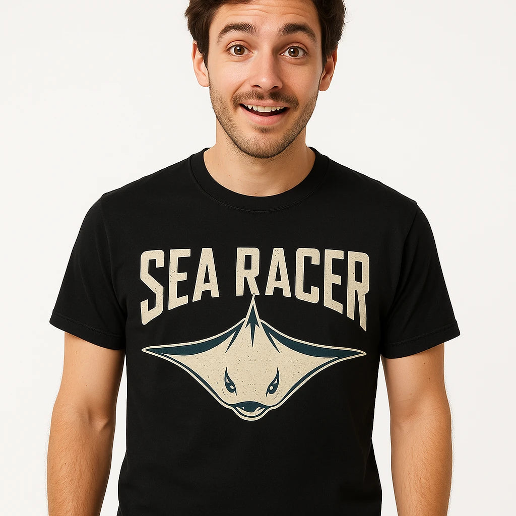 Close-up of the "Sea Racer" cream print on a premium Bella+Canvas black stingray shirts