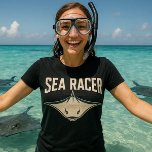 Lifestyle shot of the "Sea Racer" black stingray shirts in a real-world setting