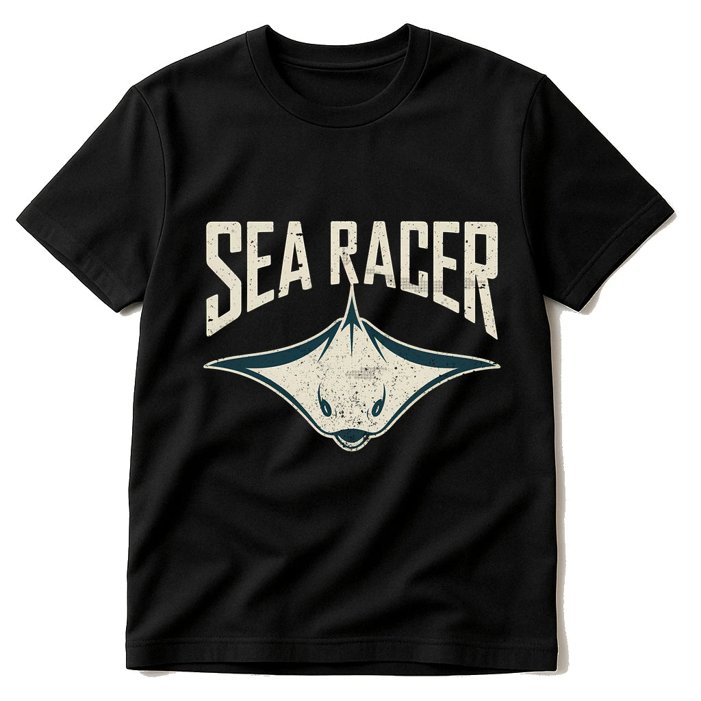 Black Stingray Shirts - "Sea Racer" graphic tee with cream print, flat lay product photo