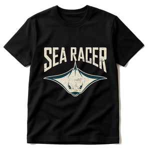 Black Stingray Shirts - "Sea Racer" graphic tee with cream print, flat lay product photo