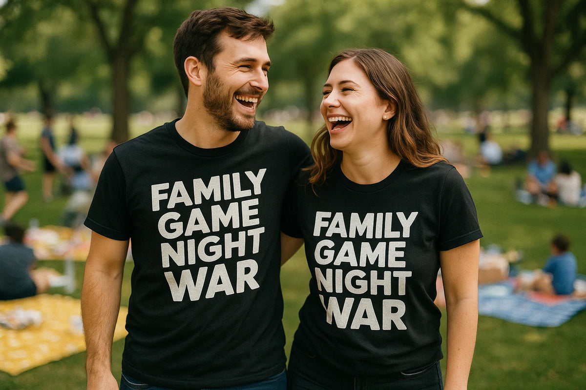 Person wearing the black family life t shirt graphic tee - "Family Game Night War" design