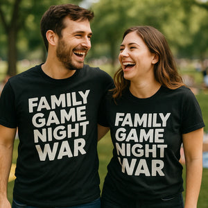 Person wearing the black family life t shirt graphic tee - "Family Game Night War" design