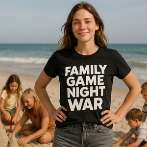 Lifestyle shot of the "Family Game Night War" black family life t shirt in a real-world setting