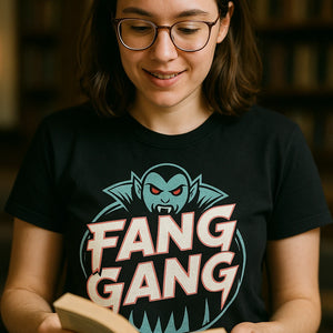 "Fang Gang" black buffy the vampire slayer graphic tee, photographed as gifts for vampire lovers