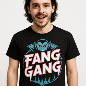 Close-up of the "Fang Gang" gray print on a premium Bella+Canvas black buffy the vampire slayer graphic tee