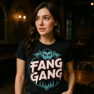 Lifestyle shot of the "Fang Gang" black buffy the vampire slayer graphic tee in a real-world setting