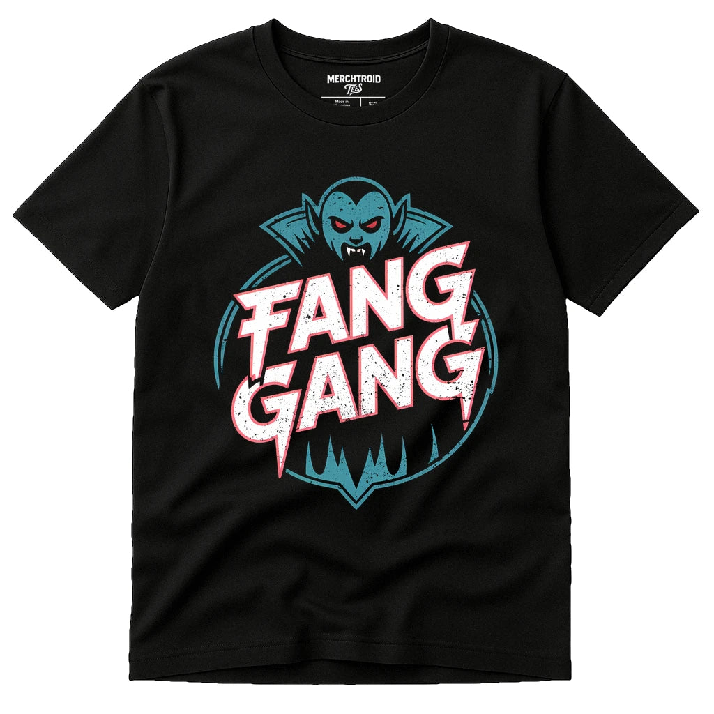Black Buffy The Vampire Slayer Graphic Tee - "Fang Gang" graphic tee with gray print, flat lay product photo