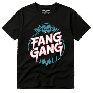 Black Buffy The Vampire Slayer Graphic Tee - "Fang Gang" graphic tee with gray print, flat lay product photo