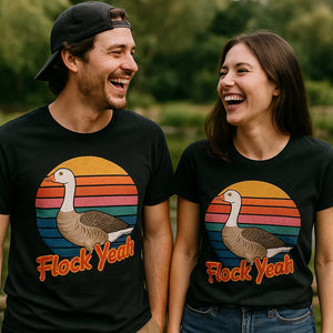 Person wearing the black geese t shirt graphic tee - "Flock Yeah" design