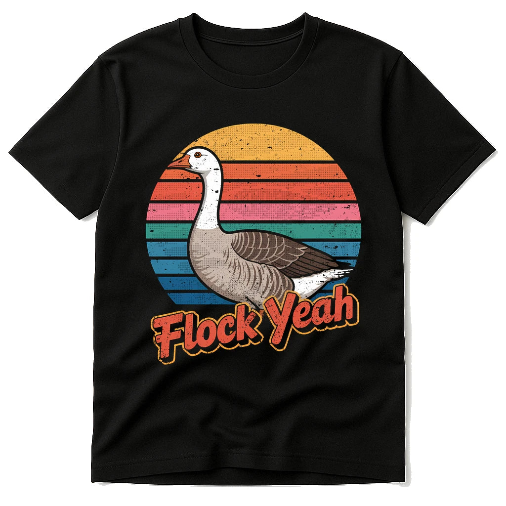 Black Geese T Shirt - "Flock Yeah" graphic tee with tan print, flat lay product photo