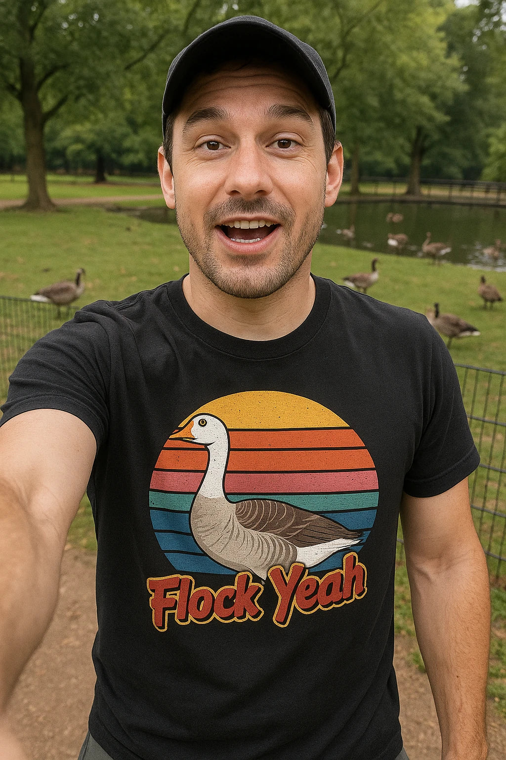 "Flock Yeah" black geese t shirt, photographed as geese lover gift