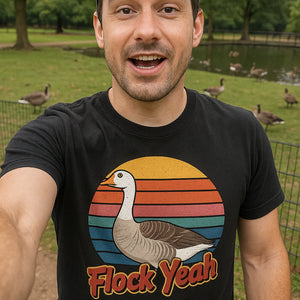 "Flock Yeah" black geese t shirt, photographed as geese lover gift