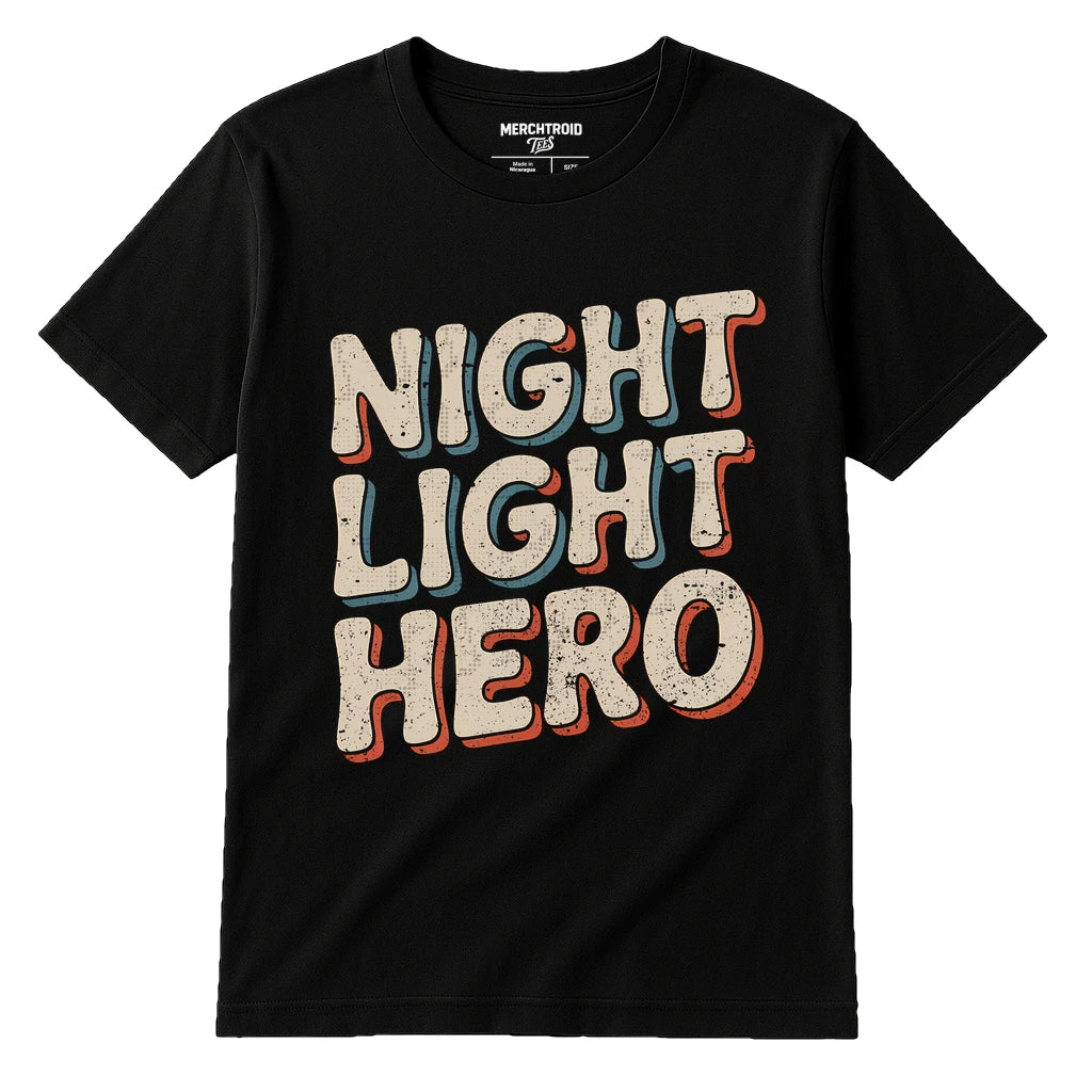 Black New Parents Shirts - "Night Light Hero" graphic tee with beige print, flat lay product photo