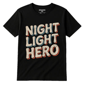 Black New Parents Shirts - "Night Light Hero" graphic tee with beige print, flat lay product photo