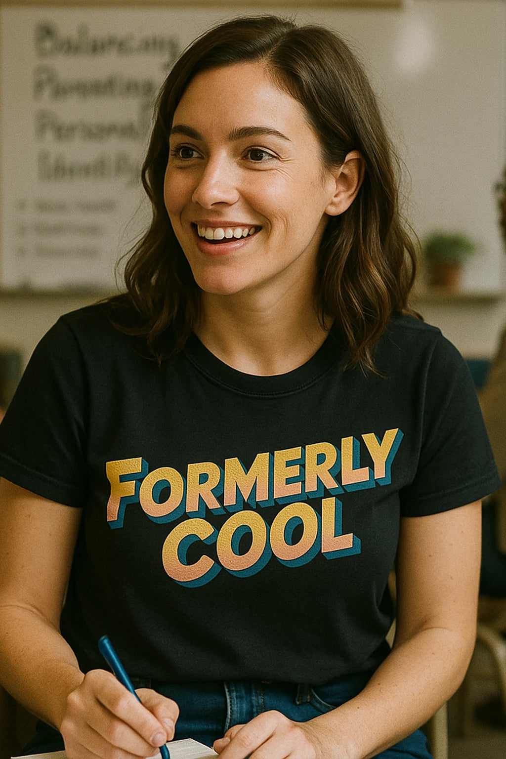 "Formerly Cool" black parent identity crisis t shirt, photographed as parent identity crisis lover gift