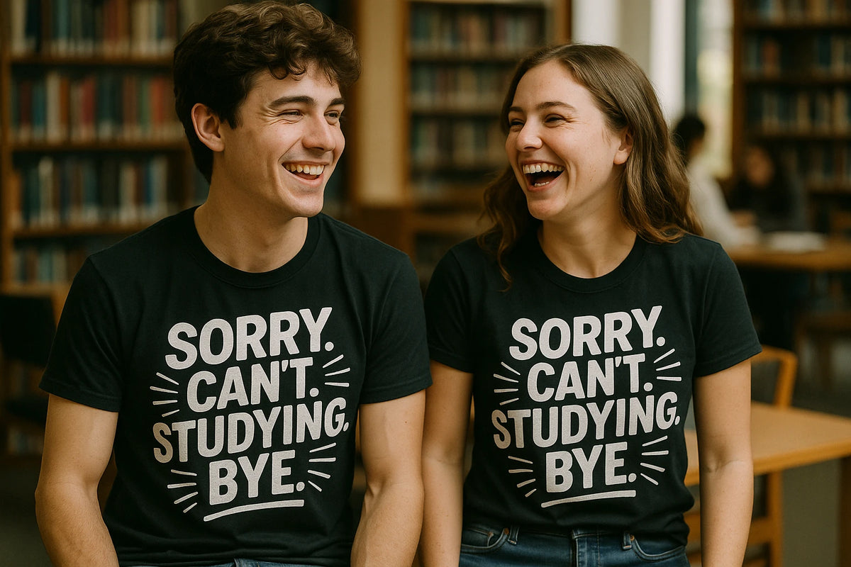 Person wearing the black studying t shirt graphic tee - "Sorry. Cant. Studying. Bye." design