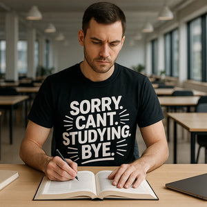 Lifestyle shot of the "Sorry. Cant. Studying. Bye." black studying t shirt in a real-world setting