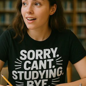 "Sorry. Cant. Studying. Bye." black studying t shirt, photographed as studying lover gift