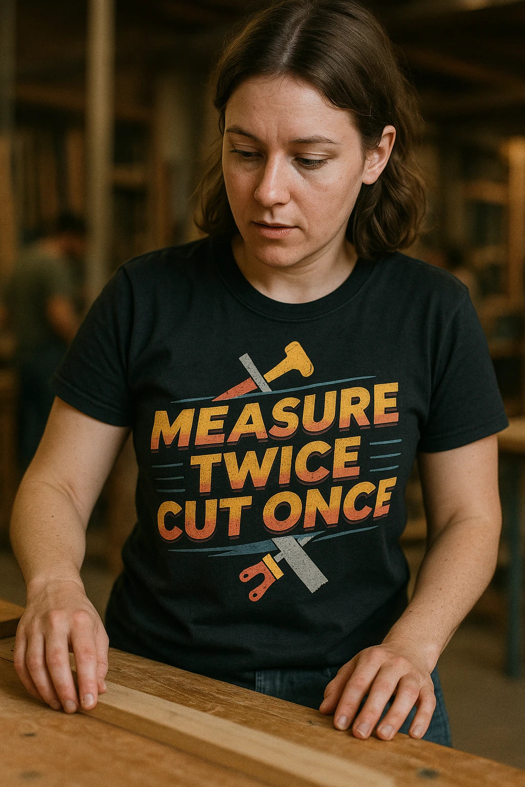 "Measure Twice Cut Once" black carpentry t shirt - also a carpentry gifts for dad