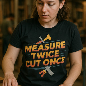 "Measure Twice Cut Once" black carpentry t shirt - also a carpentry gifts for dad