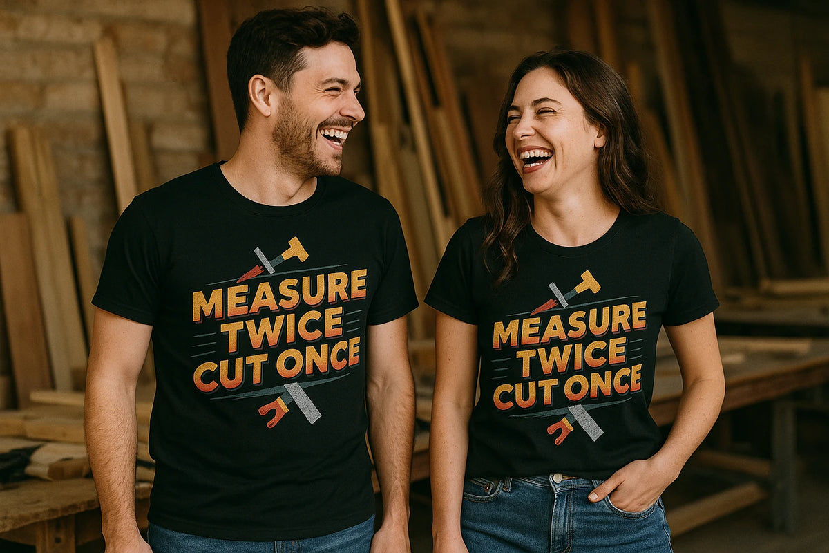 Person wearing the black carpentry t shirt graphic tee - "Measure Twice Cut Once" design