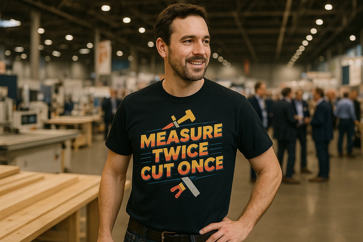 Lifestyle shot of the "Measure Twice Cut Once" black carpentry t shirt in a real-world setting