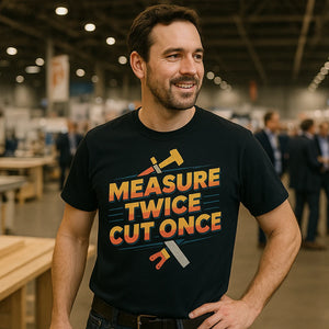 Lifestyle shot of the "Measure Twice Cut Once" black carpentry t shirt in a real-world setting