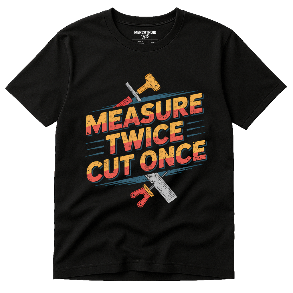 Black Carpentry T Shirt - "Measure Twice Cut Once" graphic tee with orange print, flat lay product photo