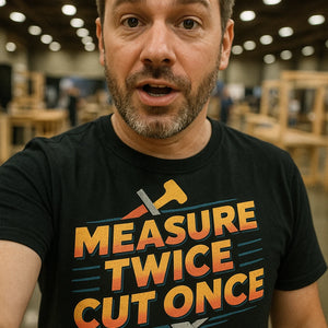 "Measure Twice Cut Once" black carpentry t shirt, photographed as carpentry gift