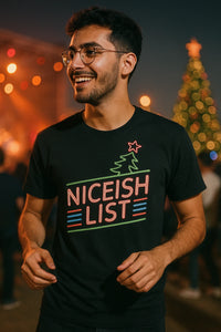 A person wearing glasses and a black t-shirt with the words 