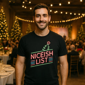 Lifestyle shot of the "Niceish List" black christmas tshirt mens in a real-world setting