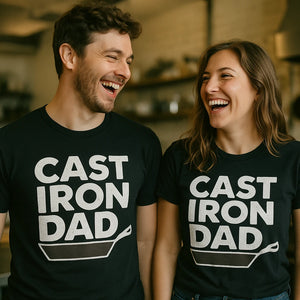Person wearing the black line cook shirts graphic tee - "Cast Iron Dad" design