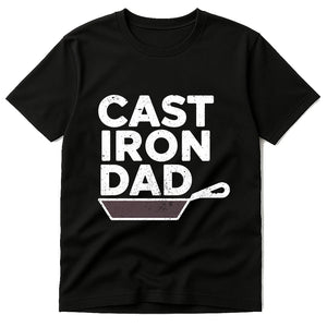 Black Line Cook Shirts - "Cast Iron Dad" graphic tee with white print, flat lay product photo