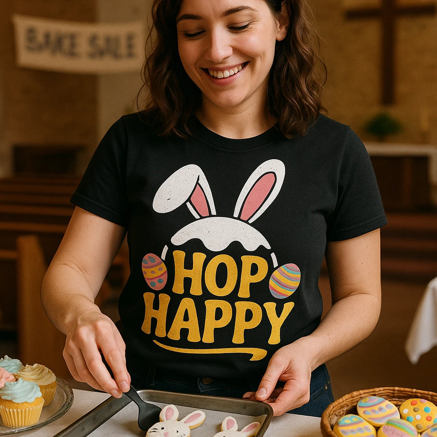 A person is wearing a black t-shirt with bunny ears and colorful Easter eggs, featuring the text "HOP HAPPY." They are smiling while arranging baked goods on a tray, with a "BAKE SALE" sign visible in the background.